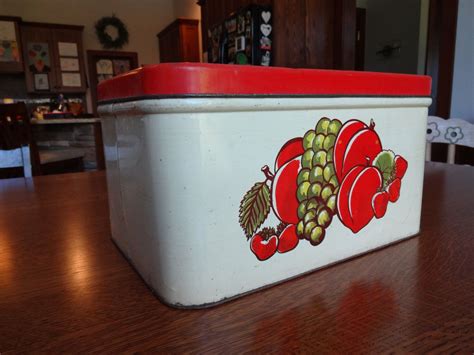 metal red and white bread box|vintage metal bread box.